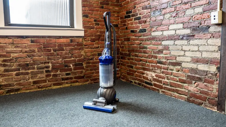 The Dyson Ball Animal 2 in a room by itself on gray carpet in front of a brick wall with a window