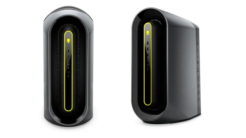 Two images of the Alienware PC with its black and green chassis.