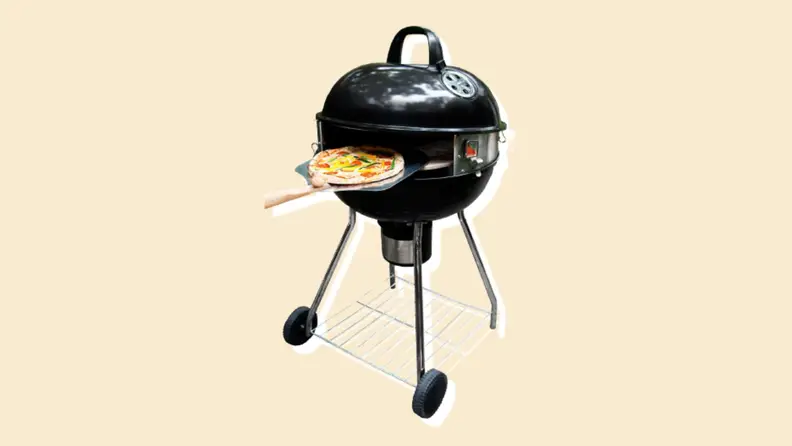 A pizza on a grill on a beige background