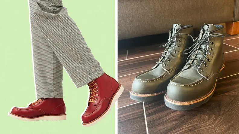 Shot of a model wearing a pair of red leather boots, and a shot of a pair of green leather boots on a wood floor.