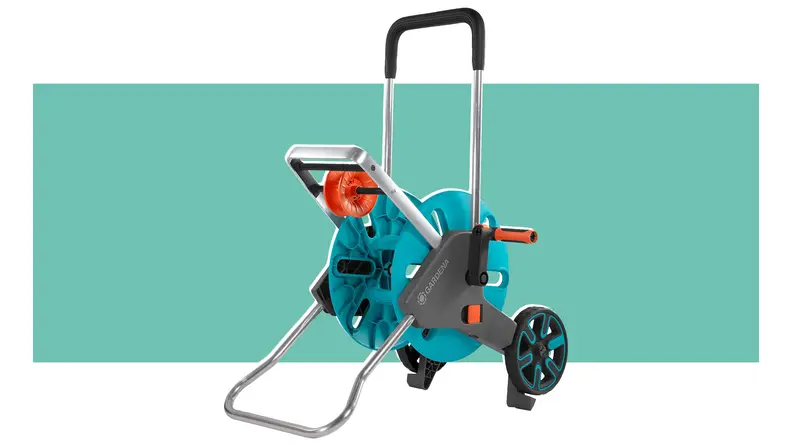 Product shot of the Gardena 18515-80 Frost Proof Hose Cart with Built-in Hose Guide.
