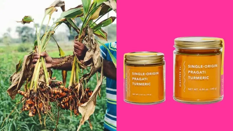 On the left, a person is harvesting turmeric from the fields; on the right, two jars of Diaspora Co.'s top-selling products are on display.
