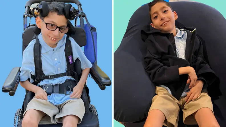 Young person wearing French Toast Adaptive clothes in wheelchair and in bean bag.