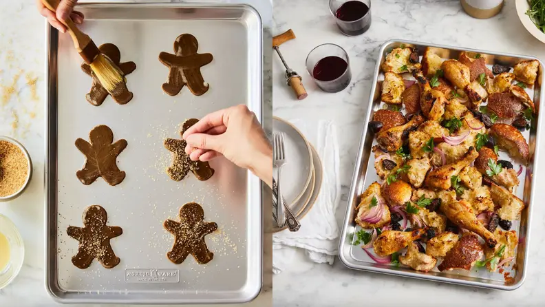 On left, gingerbread men cookies on a baking sheet. On right, chicken and veggies on the same baking sheet