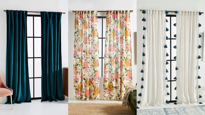 A split shot of three Anthropologie curtains, which is one of the best places to buy curtains online.