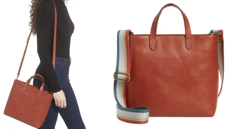On left, woman displaying the Madewell Small Transport Leather Crossbody Tote on her shoulder. On right, product shot of the Madewell Small Transport Leather Crossbody Tote.