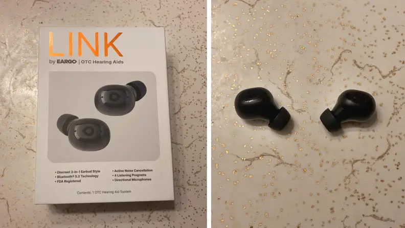 Photo collage of the packaging for the Eargo Link hearing aids next to a pair of  Eargo Link hearing aids on a countertop.