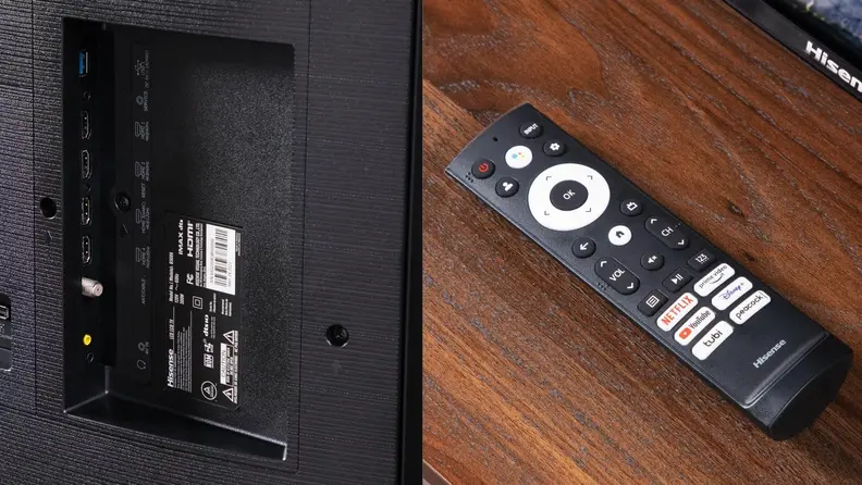 A collage of the back of the TV showing off its ports and a close-up of the remote.