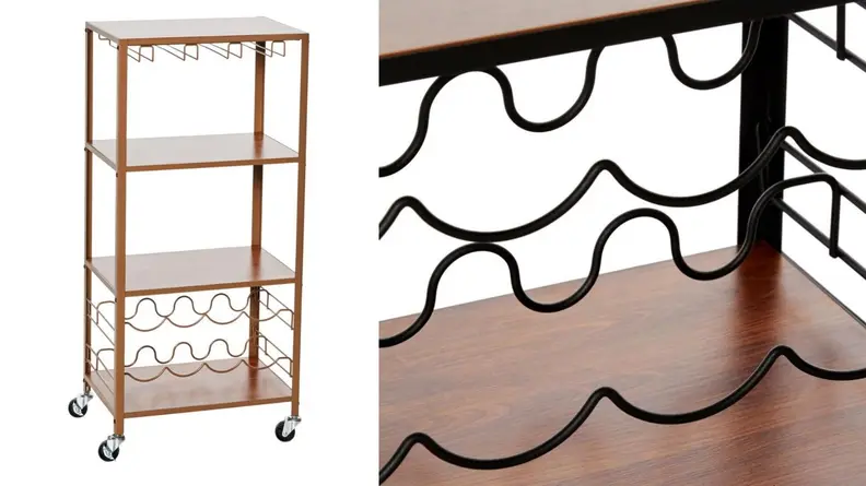 Wine wooden bar cart on wheels with red panelling