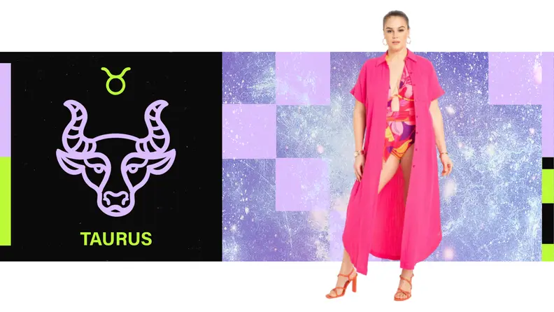 On the left is an illustration of the zodiac sign for Taurus. On the right is TK.