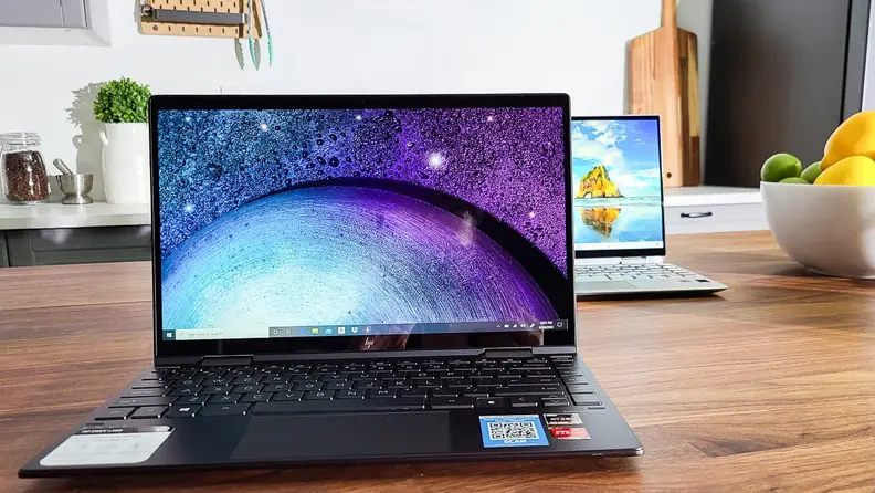 A shot of the HP Envy x360, showing its display and keyboard.