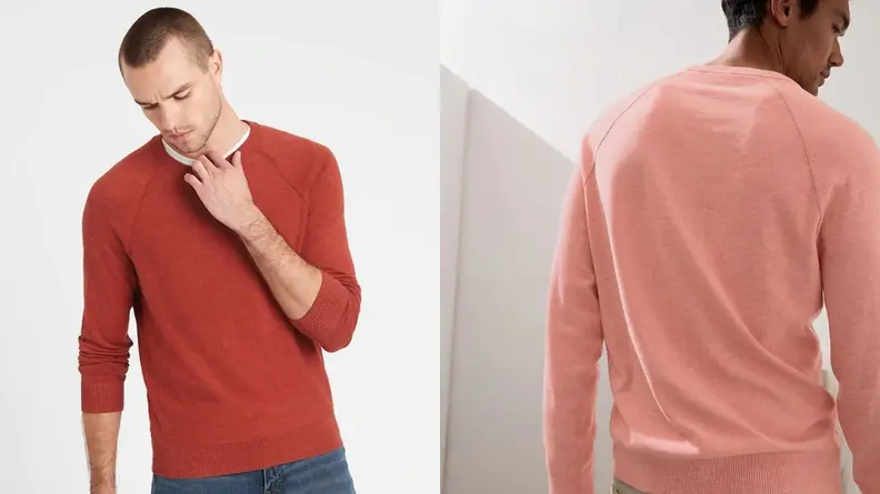 Man wearing red garter stitch crewneck sweatshirt from Banana Republic, pink sweatshirt from Banana Republic.