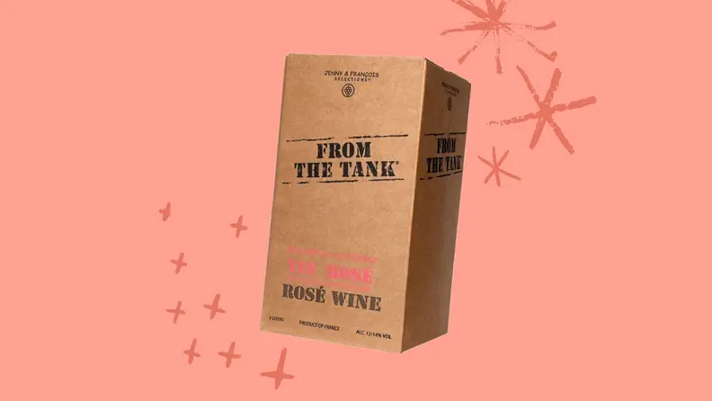 A box of From the Tank wine on a pink background with illustrated deocrations