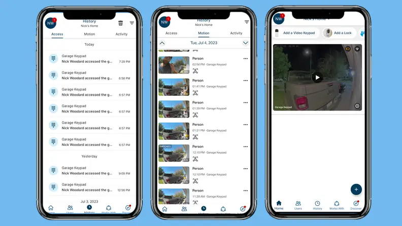 Three screenshots from the MyQ phone app on a blue background.