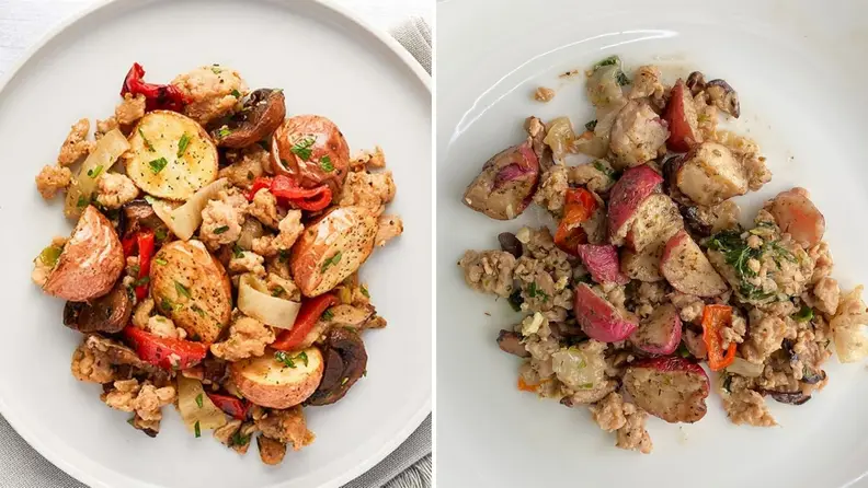On left, RealEats photo of Hearty Roasted Breakfast Hash shot from above. On right, Reviewed's photo of the same product from the same angle.