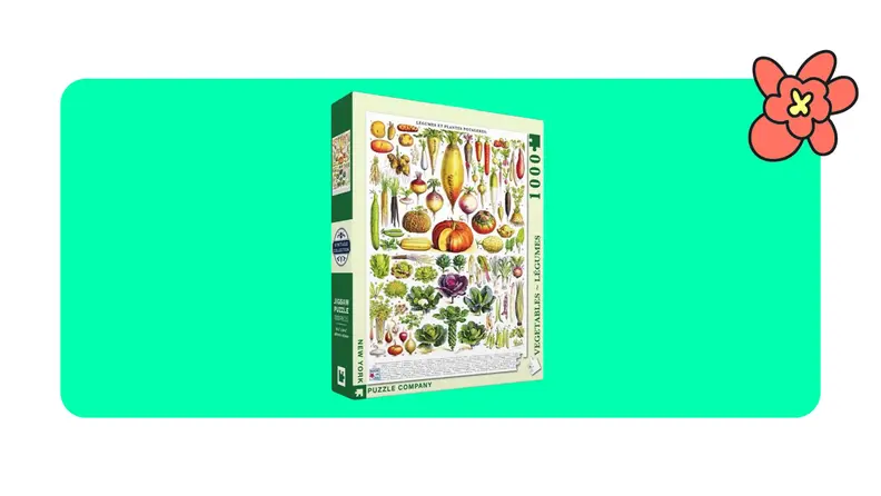 New York puzzle company 1000 piece vegetable puzzle on a green background