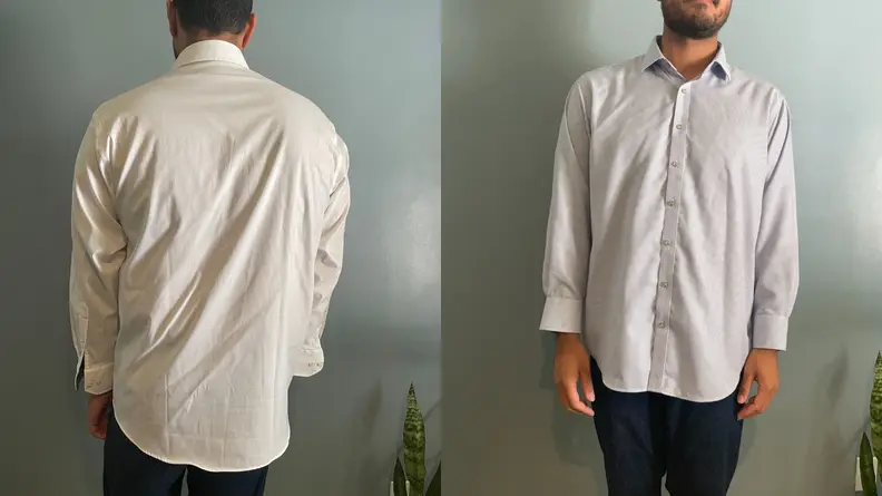 photo of the back of man's back with wrinkled shirt by Twillory, slight wrinkling on Twillory shirt