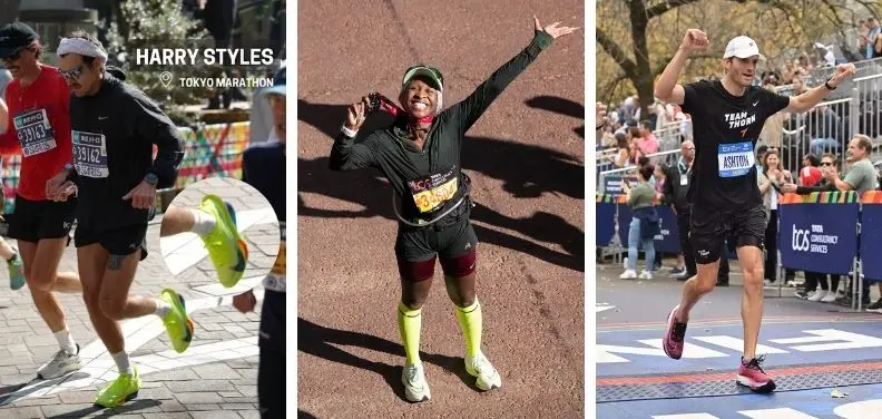 Harry Styles, Cynthia Erivo, and Ashton Kutcher each run a race on the street wearing Nike Alphafly 3 sneakers