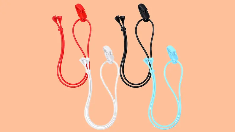 Red, white, black and blue hearing aid clips with straps.