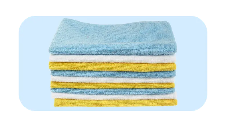 Stack of folded, multicolored microfiber cloths.