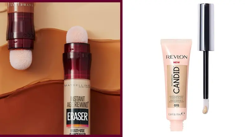 A side-by-side of Maybeline Instant Age Rewind & Revlon Candid concealers