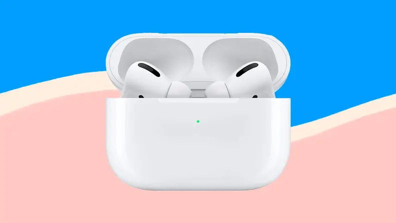 Wireless earbuds in front of colorful background.
