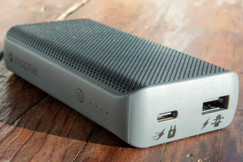 Close-up of the Mophie Powerstation battery pack.