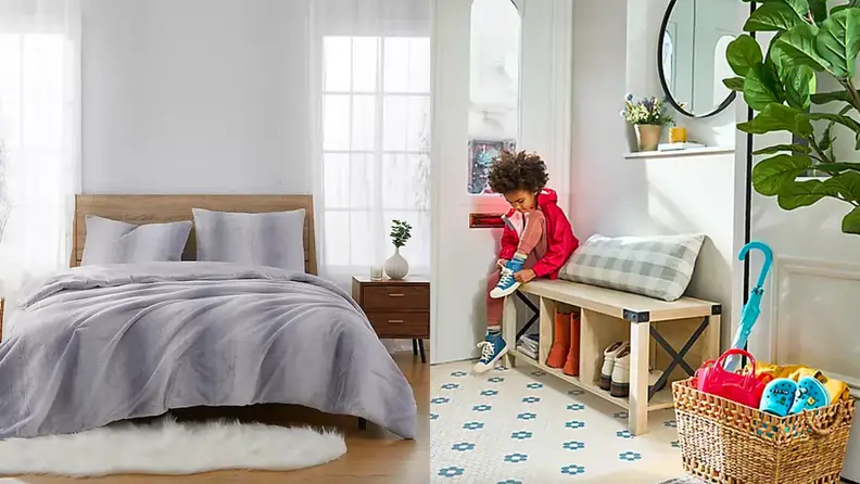 On left, modern bedroom. On right, child tying its shoes in mudroom on bench.