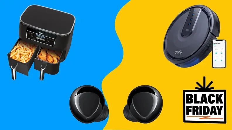 Airfryer, headphones, and robot vacuum against a colorful background.