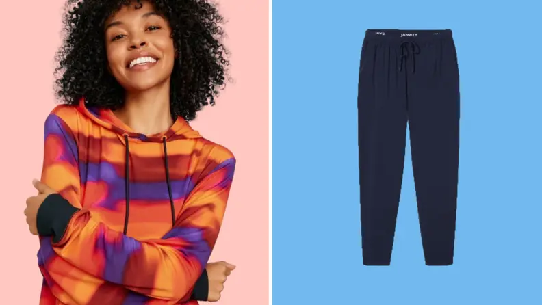 Collage image of a woman wearing a hoodie sweatshirt with a pink, orange, red, and purple print, and on the right is a product shot of navy blue lounge pants.