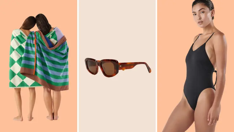 Two models wrapped in multicolored beach towels, a pair of tortoiseshell sunglasses, and a model wearing a black one-piece bathing suit.