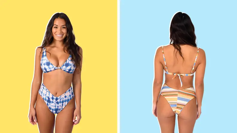 Collage image: A model wearing a printed blue bikini, and a model wearing a multicolored printed bikini.