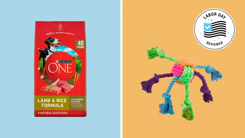 A bag of Purina dog food, a Fisco rope-knot toy.