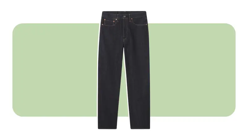 A pair of dark straight-leg jeans.