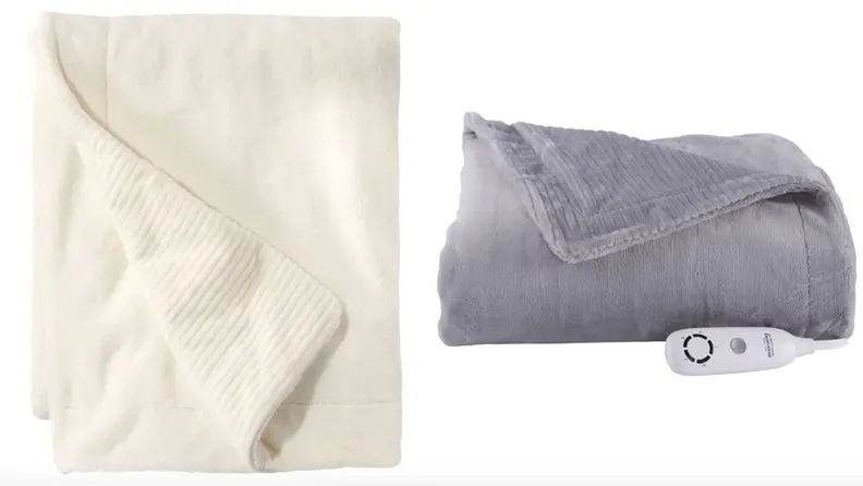 On left, a beige blanket with the corner folded. On right, a gray blanket folded on its side.