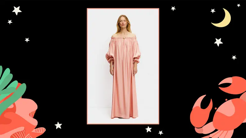 A long, off-the-shoulder dress.