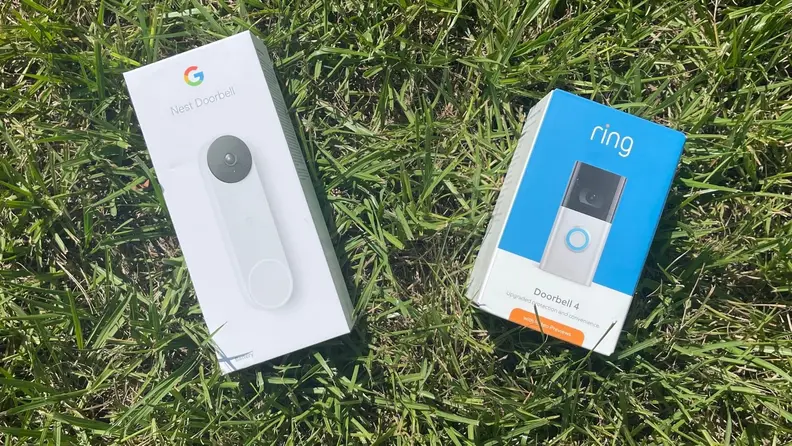 Packaging for the Google Nest Doorbell (battery) and Ring Video Doorbell 4