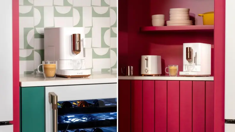 On left, Affetto sitting on a green countertop atop a wine cooler, with