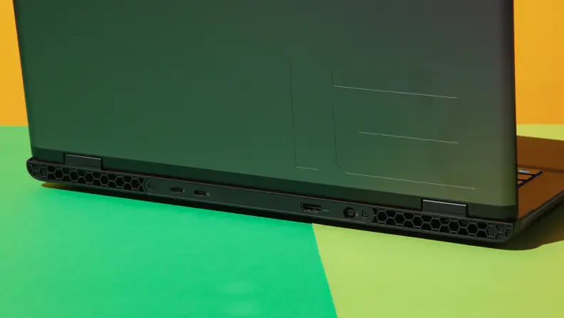 Close-up views of the back panel and fans on the Alienware m16 R2 gaming laptop.