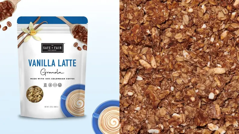 Left: A bag of Vanilla Latte Granola against a white background accompanied by coffee beans. Right: Close-up photo of granola.
