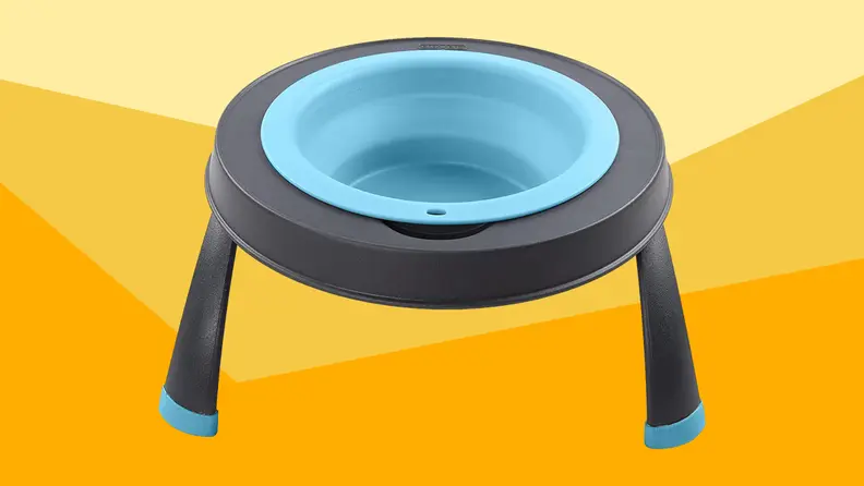 A blue silicone travel pet bowl against a varied yellow background.