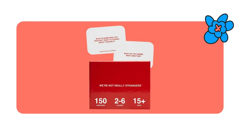 We're not really strangers game with question cards on a red background