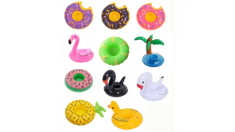 A set of tropical pool floats for drinks—or elves!