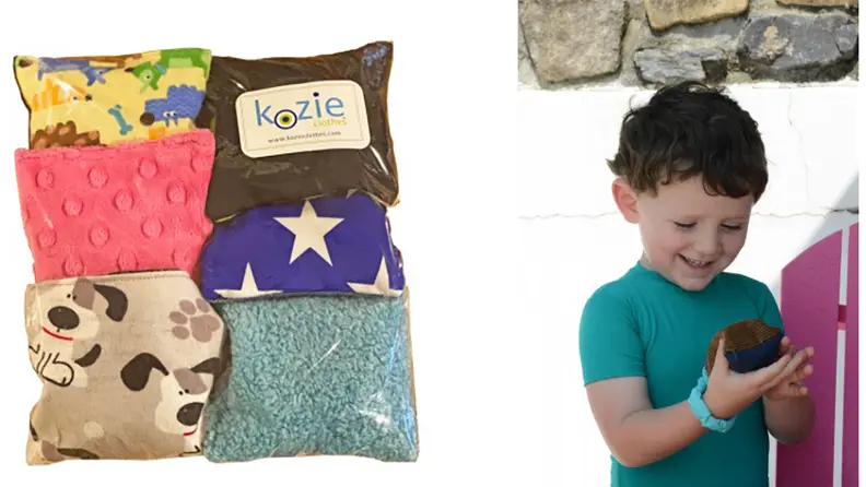 Left: A set of six colorful beanbags; right: a child plays with a beanbag.