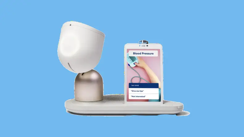 The ElliQ robot companion on a blue background.