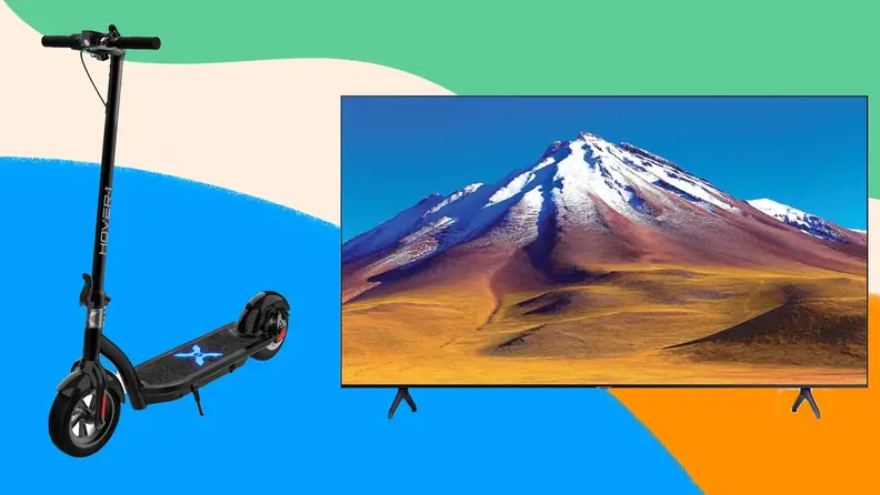 Black scooter and a flat screen TV against a colorful background