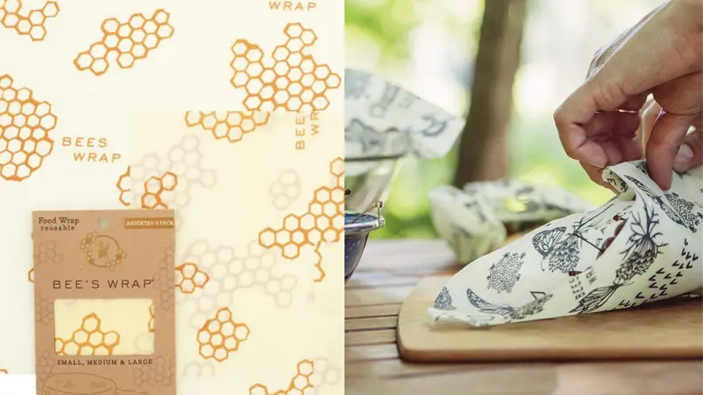 Yellow Bee's Wrap / Person wrapping up sandwich in Bee's Wrap while outdoors