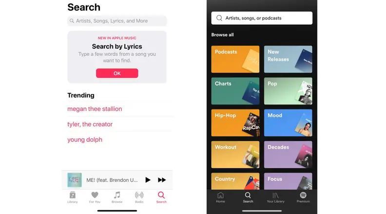 Apple Music vs. Spotify Browsing Screnshot