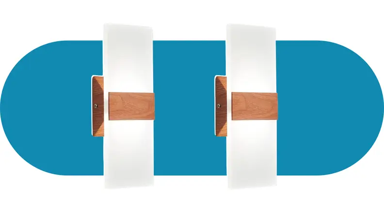 Two rectangle wall-mounted lights with wood accents.