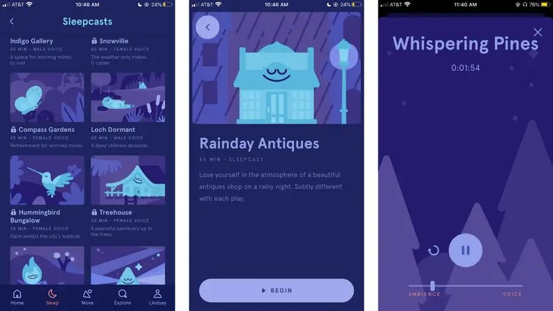 screenshots of Headspace's sleepcast content